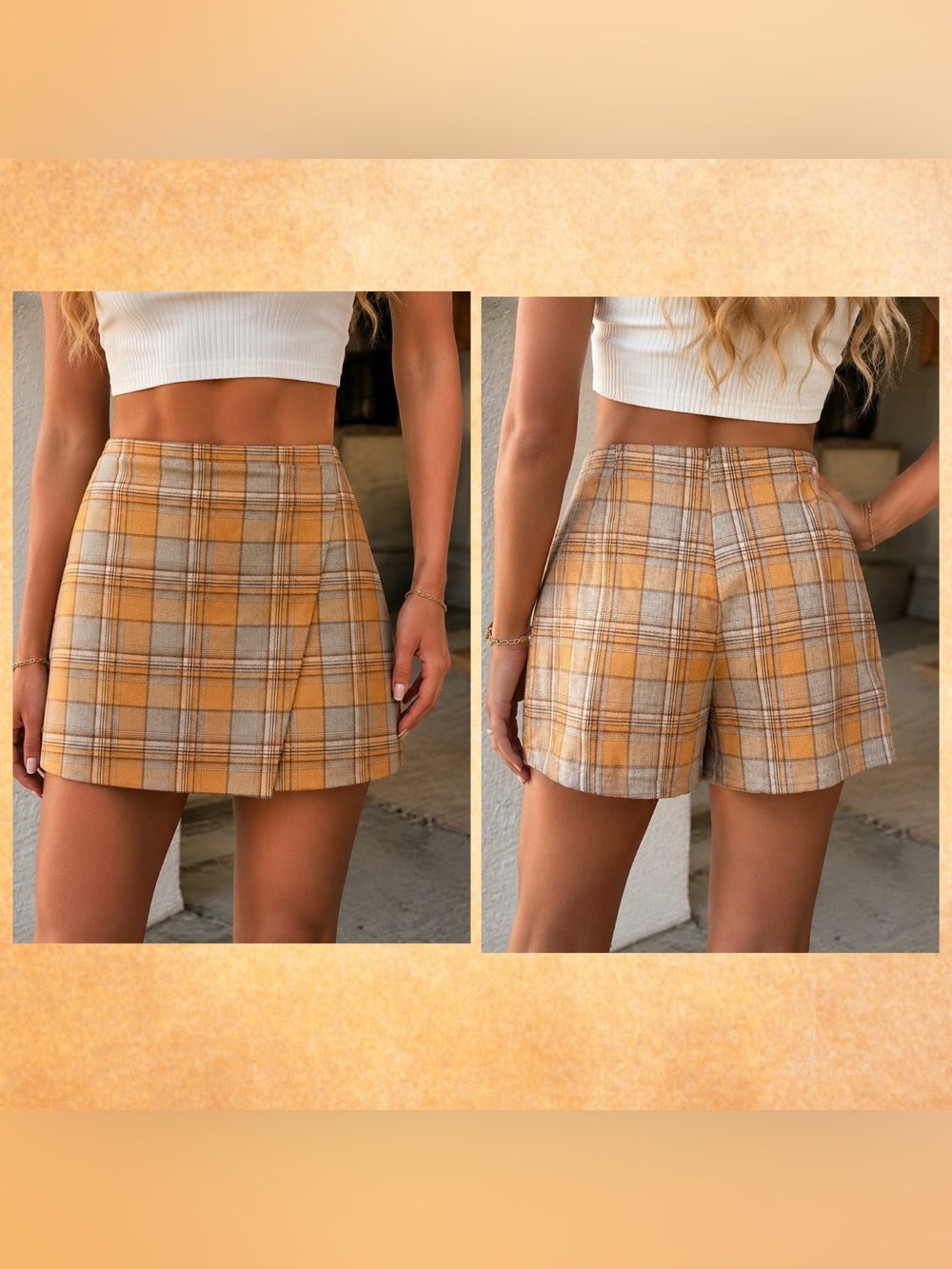 Lulus Mustard & Beige Plaid Wrap Front Skort Shorts Preppy Academia Boho NWT, M